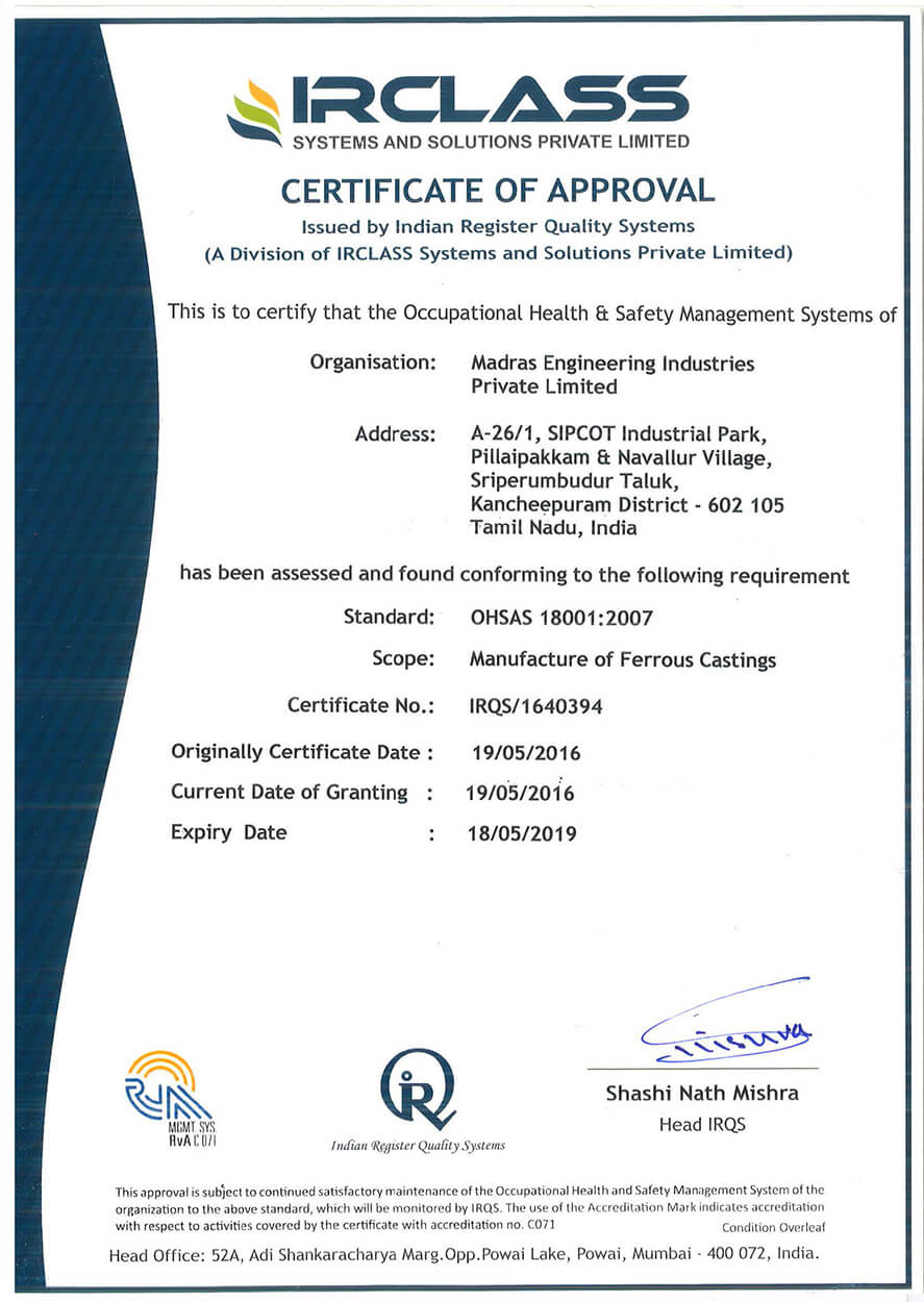 CERTIFICATIONS - Madras Engineering Industries Private Limited